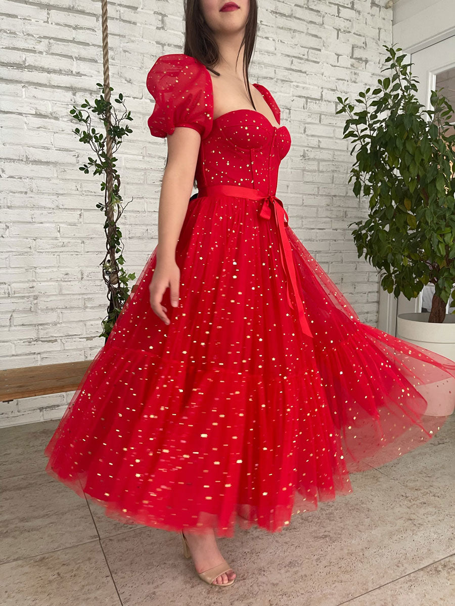 Red Tulle Tea Length Prom Dress Tulle Bridesmaid Dress