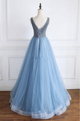 Blue V-Neck Beaded Sequin Tulle Long Prom Dress Blue Evening Dress