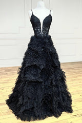 JoyceDressystars  Glamorous Black Plunge V Spaghetti Strap Ruffle Tiered Long Gown