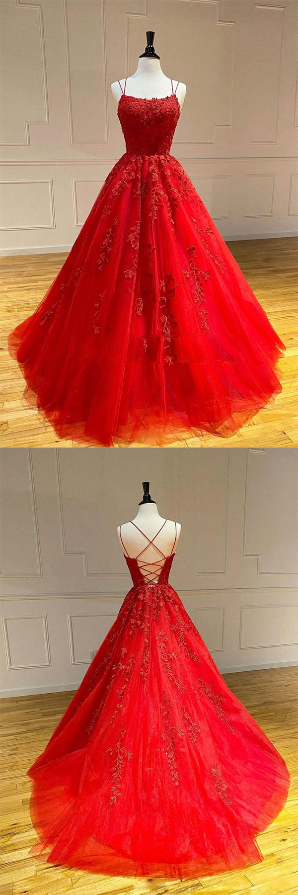 Red Tulle Lace Long Prom Dress Lace Tulle Formal Gown