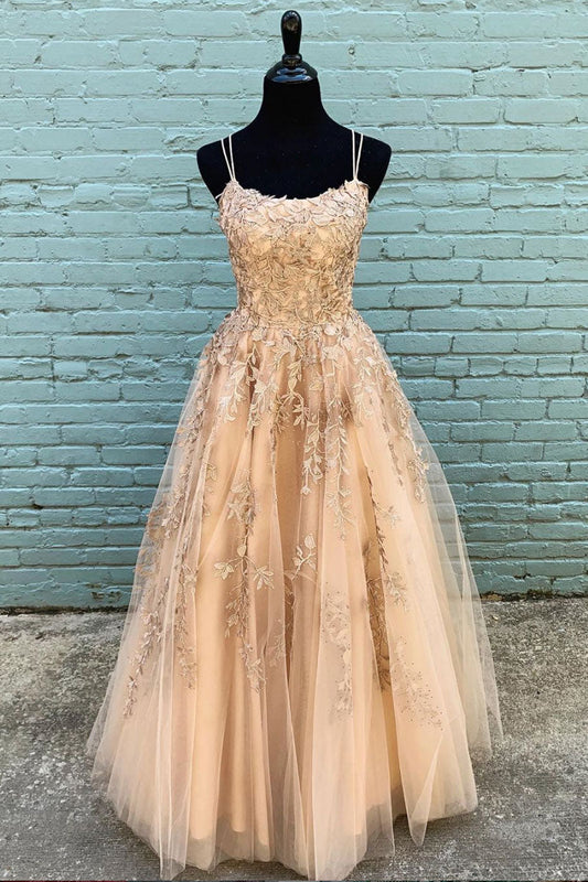 Champagne Tulle Lace Long Prom Dress Champagne Evening Dress