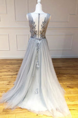 Gray V-Neck Tulle Lace Long Prom Dress Gray Lace Long Evening Dress