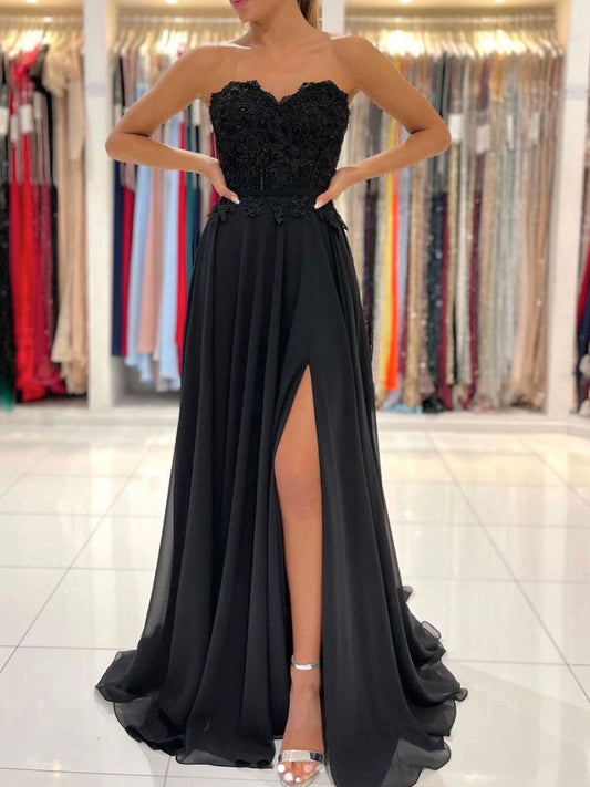 Black Sweetheart A-Line Chiffon Lace Long Prom Dress Black Evening Gown