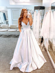 Silver V-Neck Satin Long Prom Dress Silver Long Evening Dress