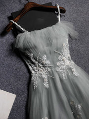 Simple Gray Tulle Lace Long Prom Dress Gray Tulle Formal Dress