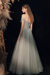 Gray Green Off-Shoulder Tulle Long Prom Dress Gray Tulle Formal Dress