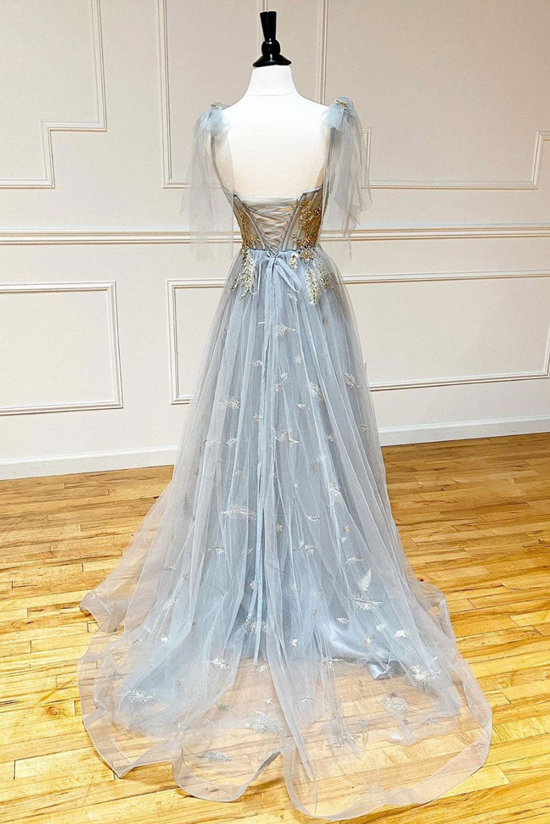 Gray V-Neck Tulle Sequin Long Prom Dress Gray Tulle Formal Dress