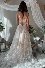 Boho A-Line Ivory Spaghetti Straps Long Wedding Dress with Appliques