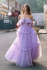 Lilac Tulle A Line Off the Shoulder Long Corset Prom Dress