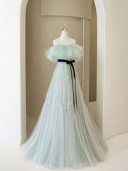 Green A-Line Tulle Long Prom Dress Green Formal Dress