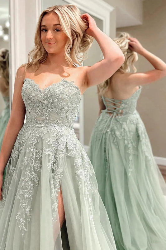 Beulah Dressystars  A-Line Chic Sweetheart Collar Sage Green Tulle Material Lace Long Prom Dresses