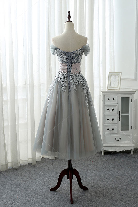 Gray Lace Tulle Prom Dress Gray Lace Evening Dress