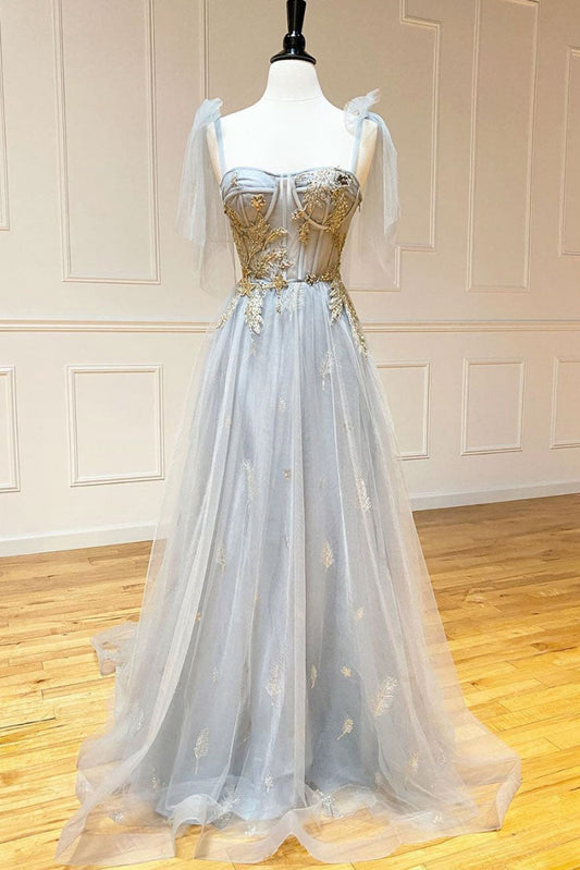 Gray V-Neck Tulle Sequin Long Prom Dress Gray Tulle Formal Dress