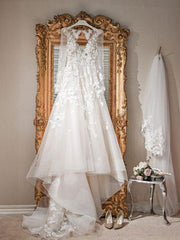 Ivory V-Neck Tulle Lace Long Wedding Dress Lace Beach Wedding Dress