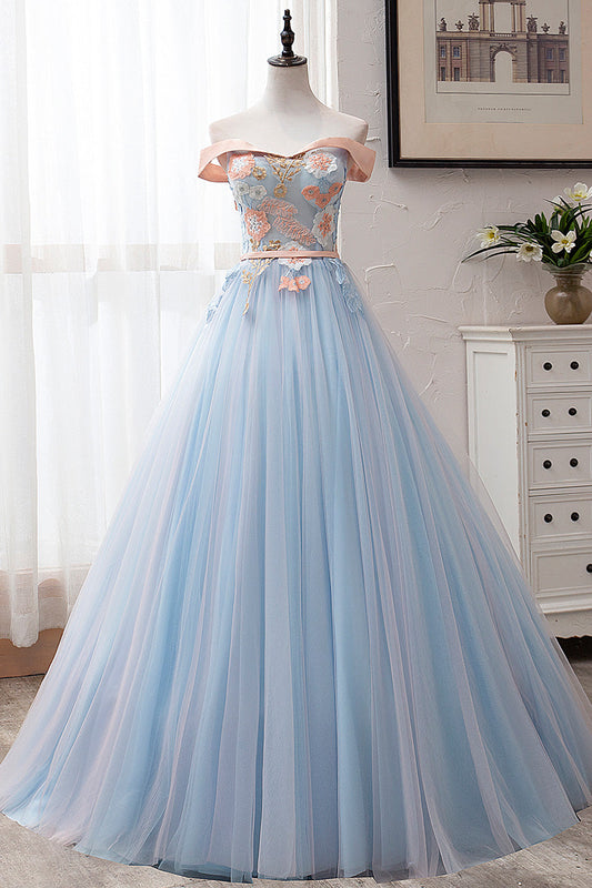 Blue Tulle Lace Long Prom Dress Blue Tulle Lace Formal Dress