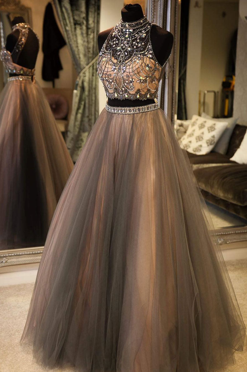 Gray High Neck Tulle Lace Long Prom Dress Gray Evening Dress