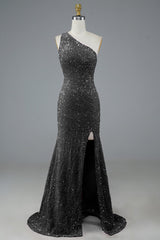 Glitter Black Sequins Long Prom Dress with Slit