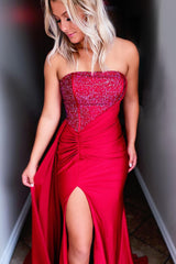 Red Strapless Sequins Prom Dress with Slit