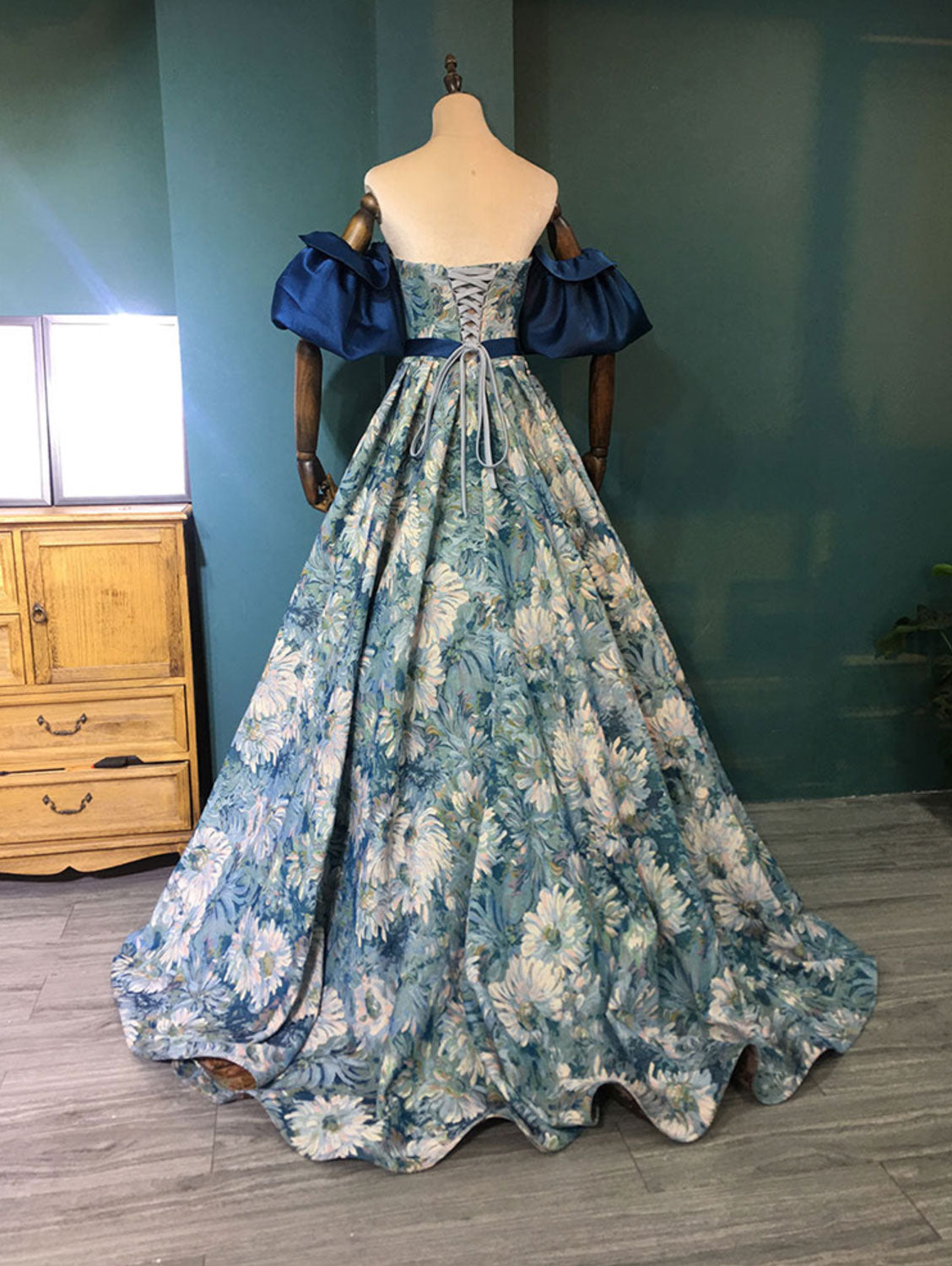 Unique A-Line Satin Long Prom Dress Blue Evening Dress