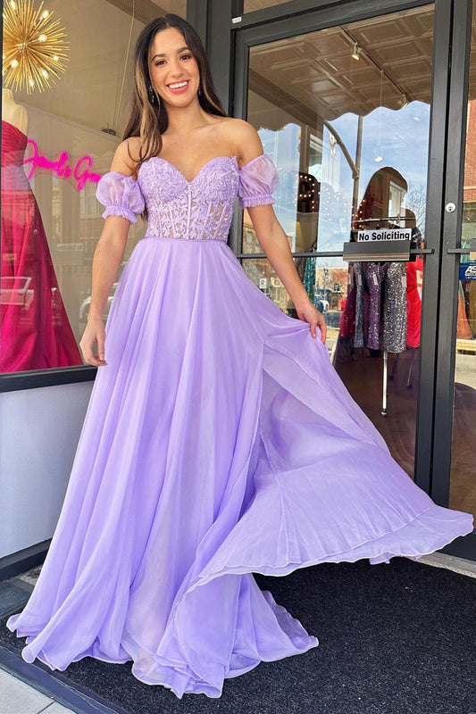 Rachel Dressystars A line Chic Sweetheart Collar Chiffon Elegant Prom Dress with Puff Sleeves