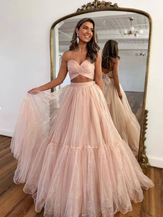 A-Line Two-Piece Tulle Pink Long Prom Dress Pink Formal Evening Dress