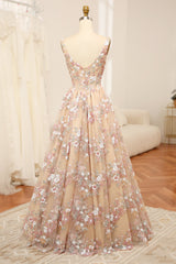 Champagne A Line Square Neck Long Corset Prom Dress With Appliques