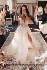 White V-Neck Tulle Lace Long Prom Dress White Tulle Formal Gown