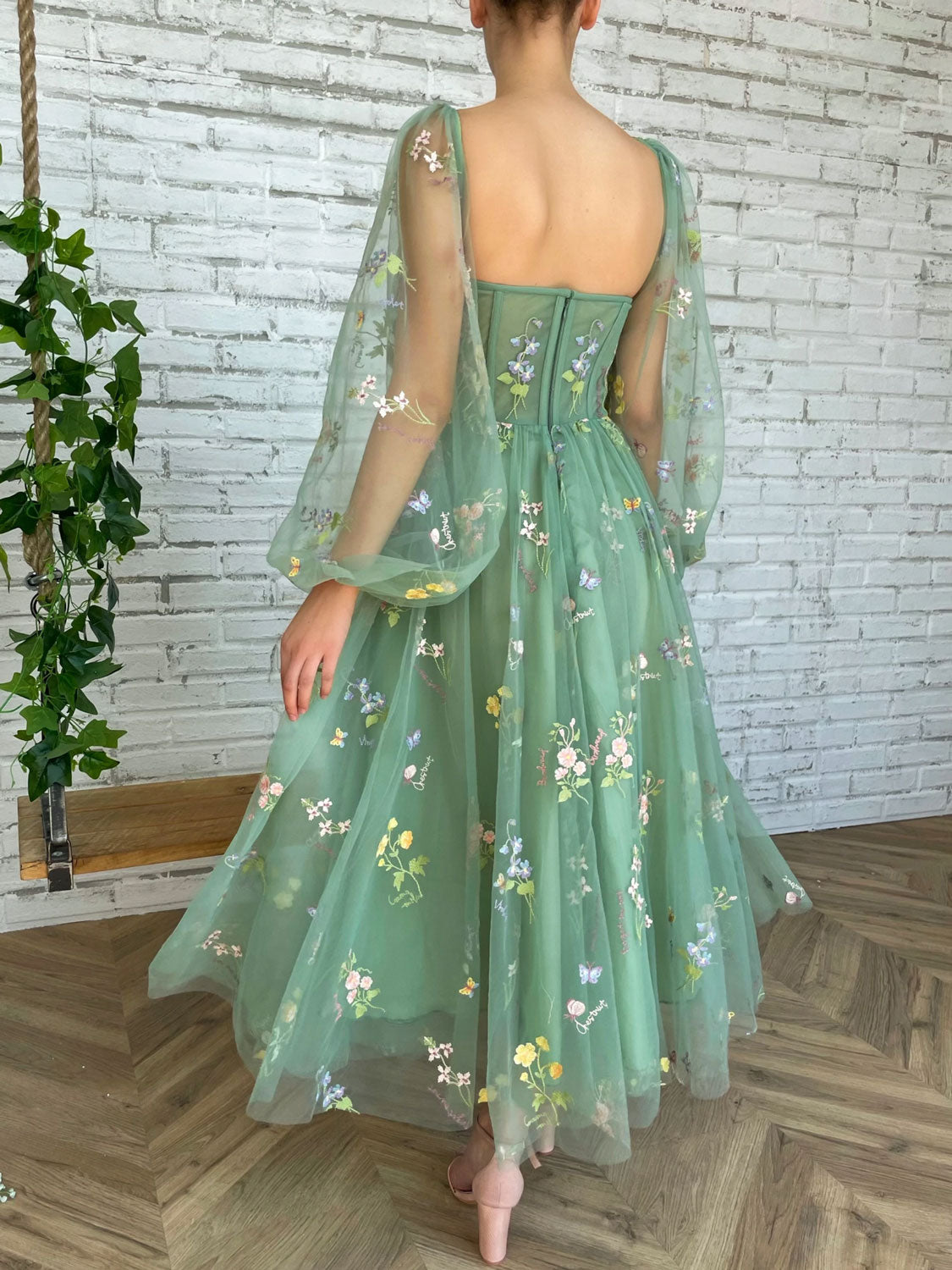 Green Tulle Lace Tea-Length Prom Dress Green Evening Dress