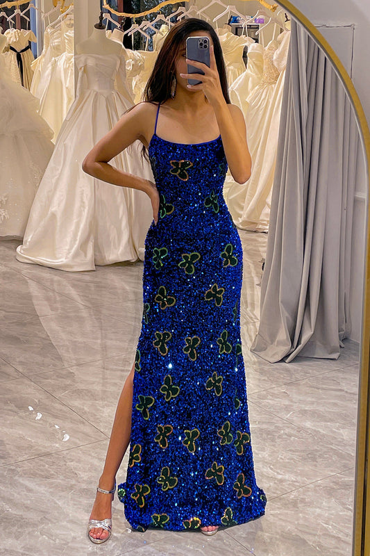 Glitter Royal Blue Long Prom Dress With Slit