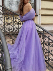 Purple Off-Shoulder Tulle Sequin Long Prom Dress Purple Evening Dress