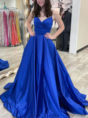 Simple Blue V-Neck Satin Long Prom Dress Blue Formal Dress