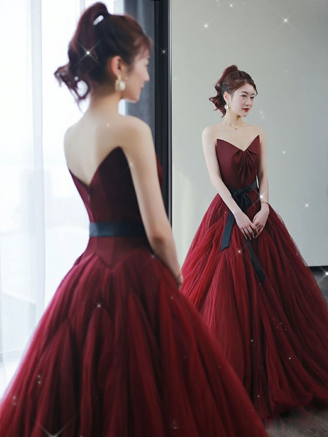 A-Line Burgundy Tulle Long Prom Dress Burgundy Evening Dress