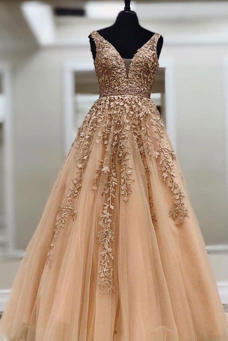 Champagne Lace V-Neck Tulle Long Prom Dress Tulle Evening Dress