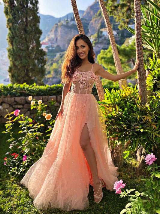 Pink Tulle Lace Long Prom Dress Pink Tulle Lace Long Evening Dress