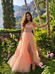 Pink Tulle Lace Long Prom Dress Pink Tulle Lace Long Evening Dress