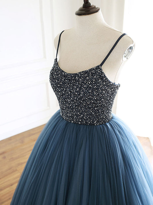 Blue Tulle Sequin Long Prom Dress Blue Tulle Evening Gown