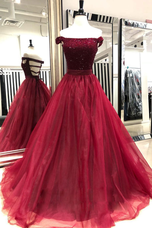 Burgundy Sequin Beads Tulle Long Prom Dress Burgundy Tulle Evening Gown