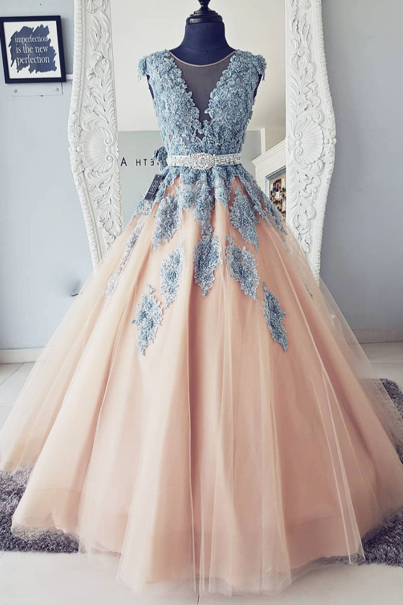 Champagne Round Neck Tulle Lace Long Prom Dress Tulle Evening Gown