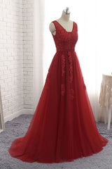 Burgundy V-Neck Tulle Lace Long Prom Dress Burgundy Evening Gown