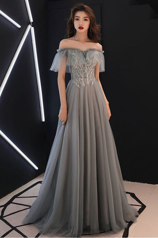 Gray Tulle Lace Long Prom Dress Gray Lace Evening Dress