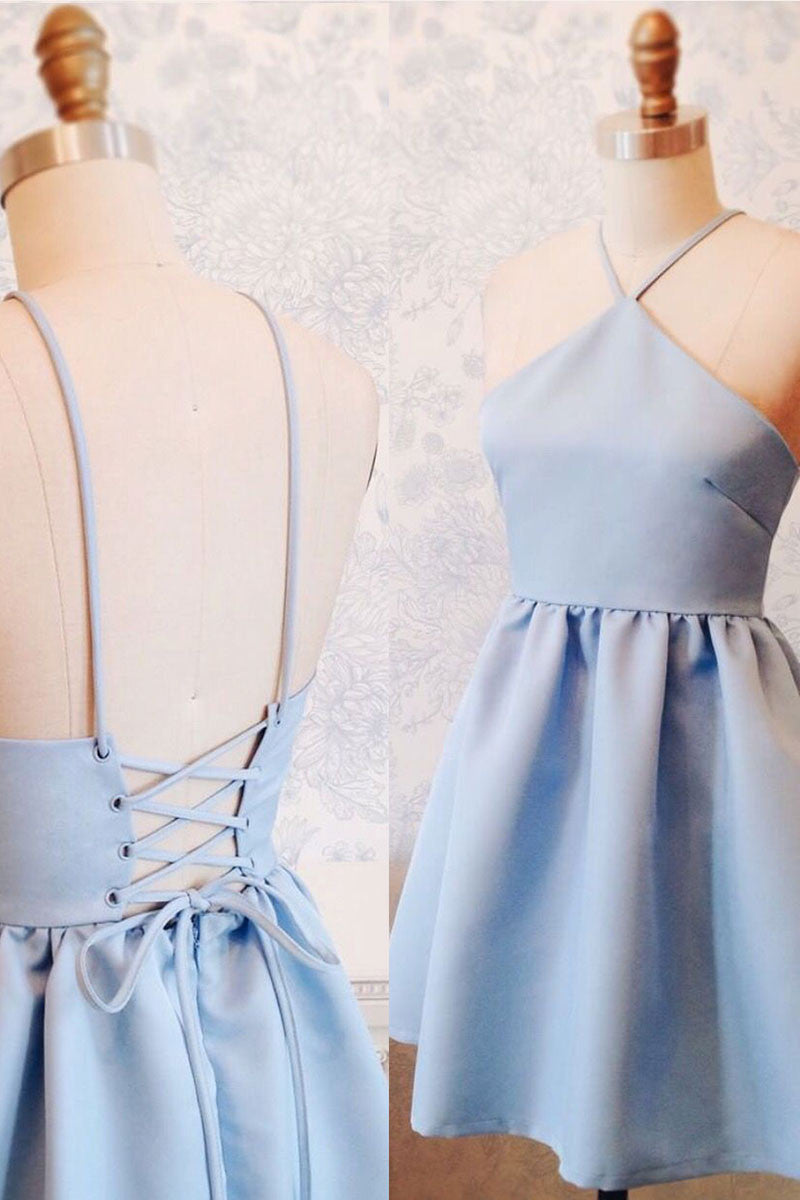 Simple Blue Backless Short Prom Dress Blue Homecoming Dress