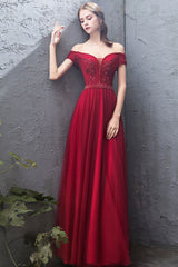 Burgundy Tulle Off-Shoulder Long Prom Dress Burgundy Evening Dress