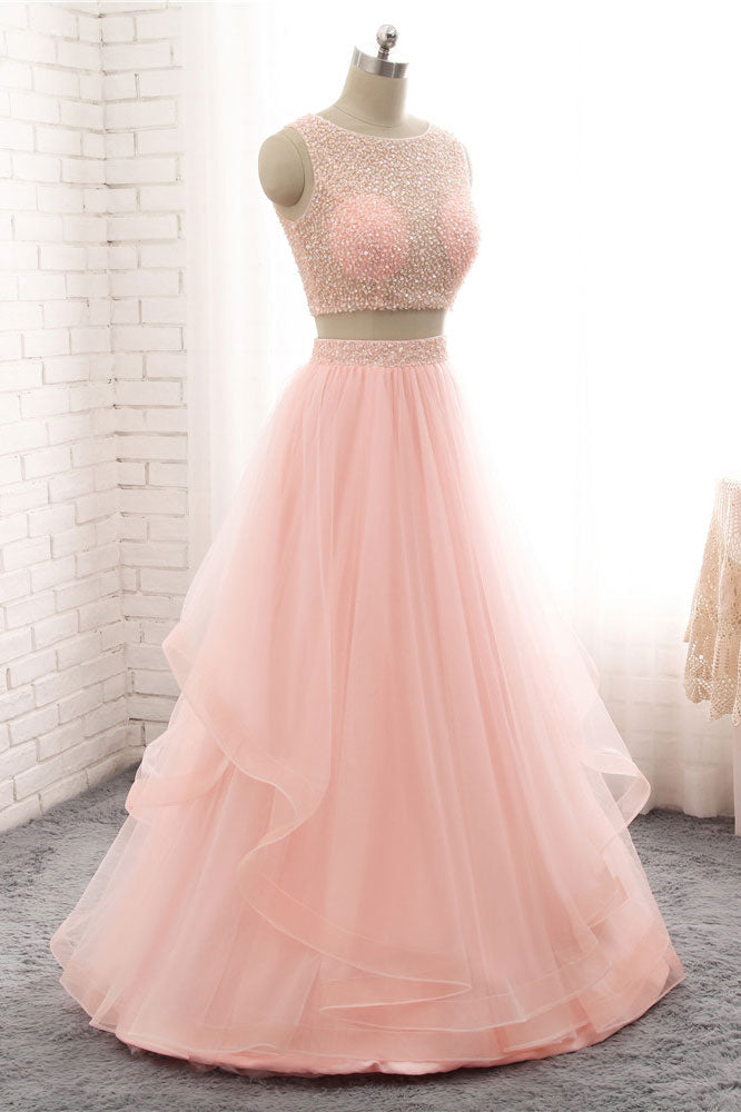 Pink Two-Piece Beaded Tulle Long Prom Dress Pink Evening Dress