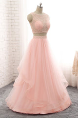 Pink Two-Piece Beaded Tulle Long Prom Dress Pink Evening Dress