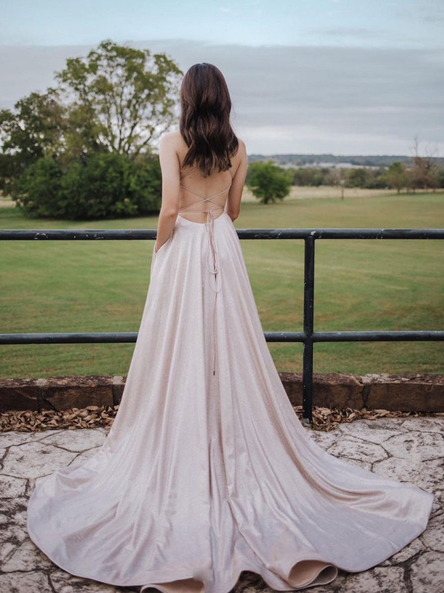 Light Pink A-Line Satin Long Prom Dress Pink Evening Dress