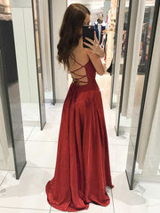 Simple V-Neck A-Line Long Prom Dress Burgundy Evening Dress