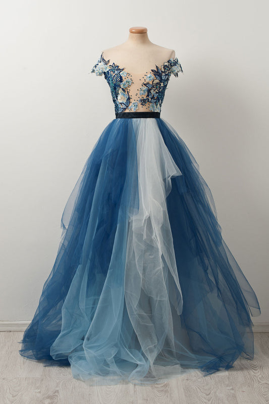 Blue V-Neck Tulle Lace Long Prom Dress Blue Evening Dress