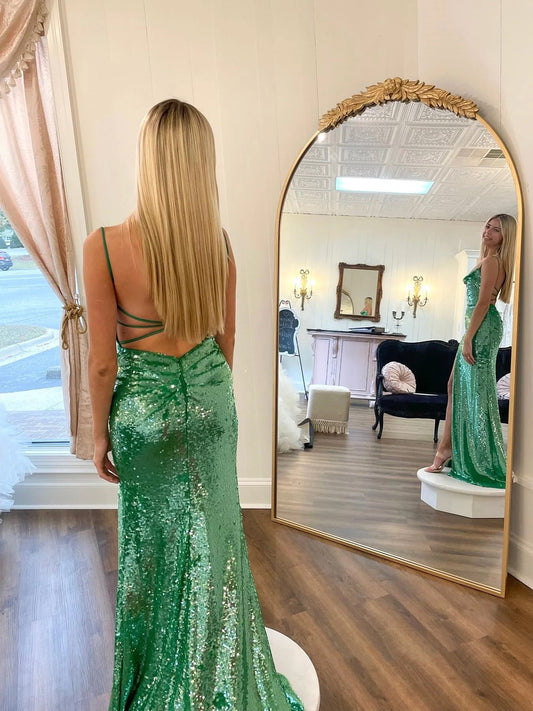 River Dressystars  Chic Elegant Spaghetti Straps Long Prom Dresses Sage Sequin Material  Evening Dress