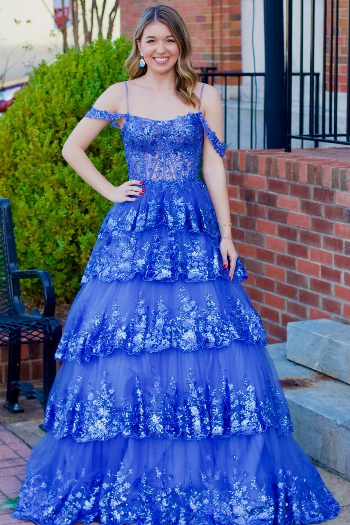 Dressystars  Tulle Material Sequin Off-the-shoulder Ruffle Tiered Long Prom Dress