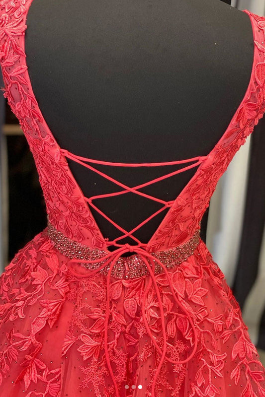 Red Round Neck Tulle Lace Long Prom Dress Red Evening Gown